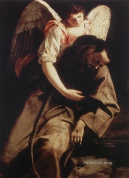 Orazio Gentileschi Painting - San Francisco y el ángel pintor barroco Orazio Gentileschi